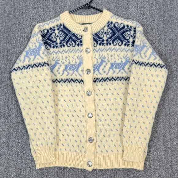 Vintage Dale Norway Sweater Womens S Beige Blue Fair Isle Reindeer Wool Cardigan - Picture 1 of 13